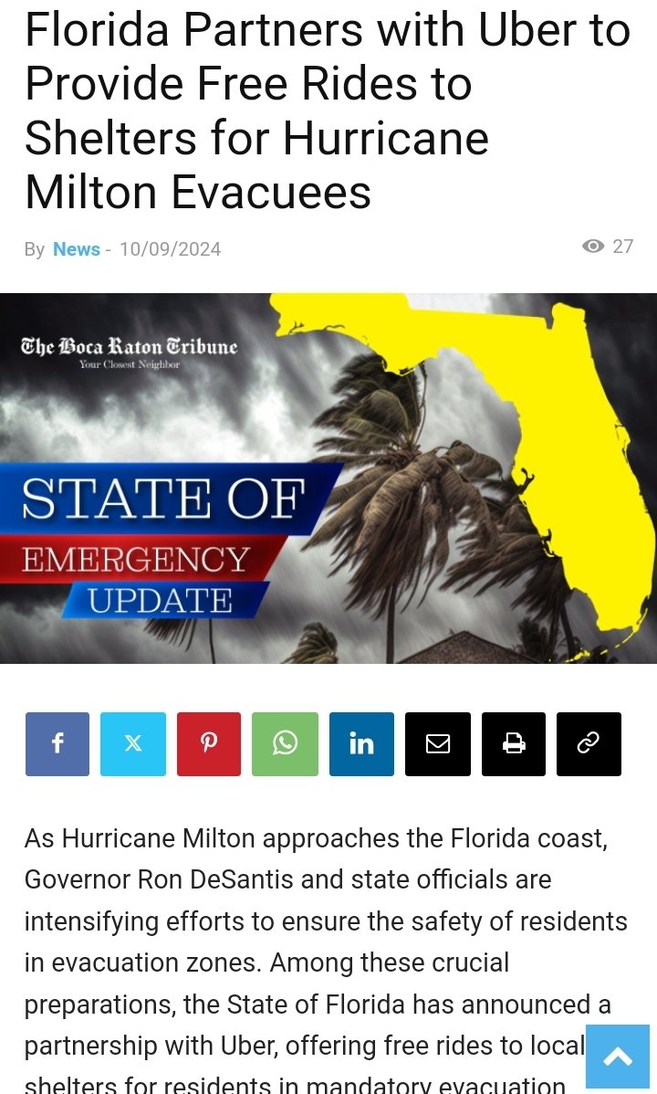 FLÓRIDA 🇺🇲

Gov. Desantis anuncia parceria com Uber para transportar pessoas para abrigos nas 51 áreas afetadas pelo furacão Milton.

É bom senso que chama.

Se vc precisar de transporte, abra seu app e use o código MILTONRELIEF

Se vc precisa de abrigo, verifique o site