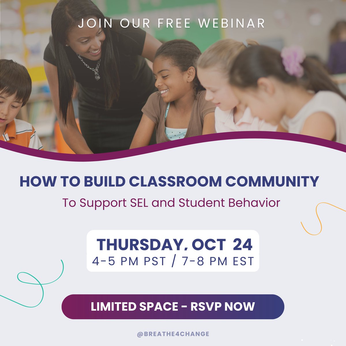 🚨Struggling with student behavior challenges? You’re not alone. Join us on October 24th, How to Build Classroom Community to Support SEL and Student Behavior, to discover how fostering a sense of belonging can transform your classroom! Register here: breatheforchange.com/resources/buil…