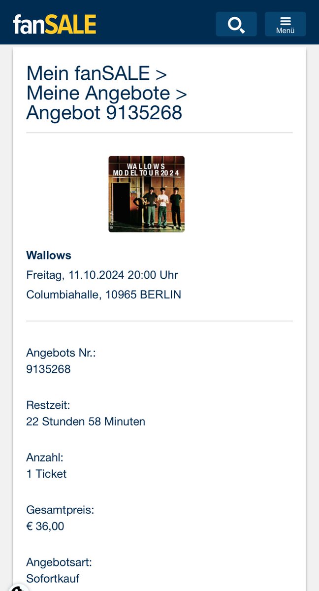selling my ticket for wallows in berlin this friday for less than the original price if anyone’s interested.. the offer is up on fansale til tomorrow evening