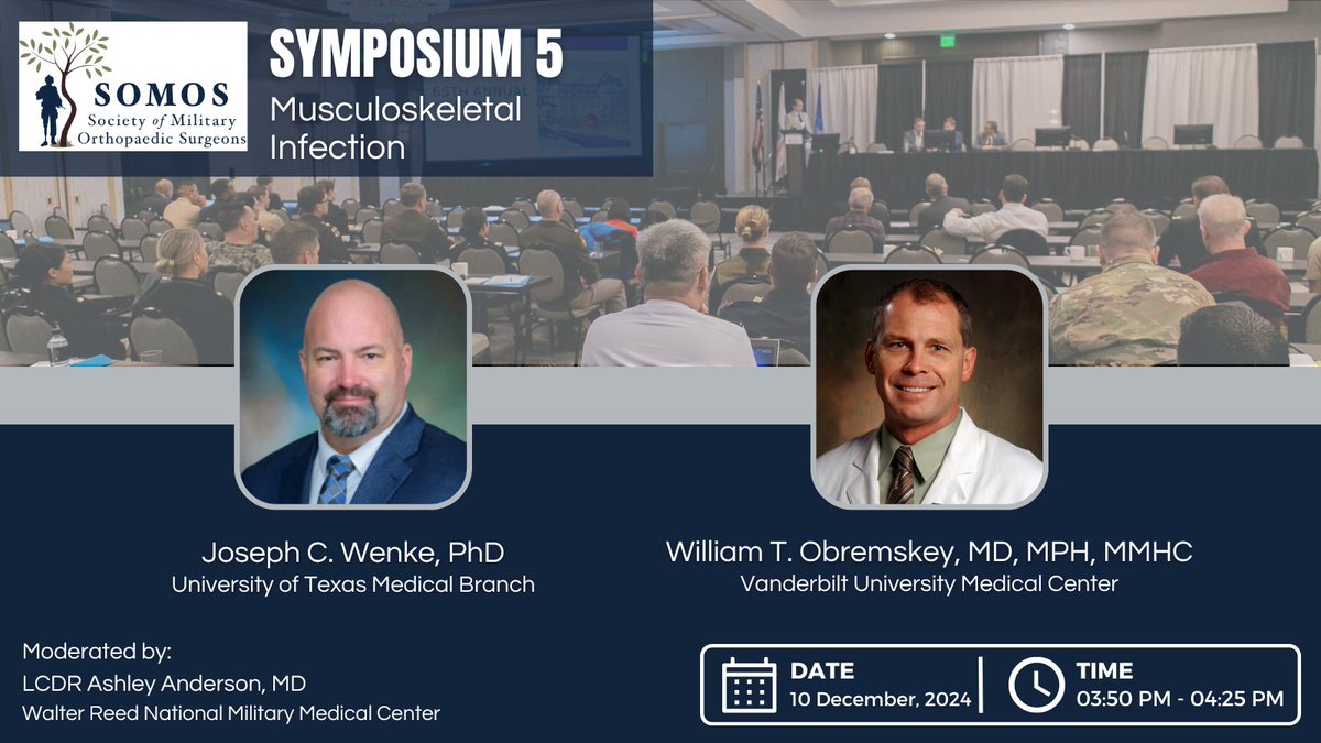 Society of Military Orthopaedic Surgeons (@milortho) on Twitter photo Don’t miss our symposium on Musculoskeletal Infections! Dive into 'Evidence-Based Practices: What Works' and explore 'Future Paradigms in MSK Infection.' A must-attend for staying ahead in the field! bit.ly/3yT60oR #SOMOS2024
<a href="/VUMChealth/">Vanderbilt Health</a> <a href="/VUMCOrtho/">Vanderbilt Orthopaedics</a> <a href="/WObremskey/">William Obremskey</a> Don’t miss our symposium on Musculoskeletal Infections! Dive into 'Evidence-Based Practices: What Works' and explore 'Future Paradigms in MSK Infection.' A must-attend for staying ahead in the field! bit.ly/3yT60oR #SOMOS2024
<a href="/VUMChealth/">Vanderbilt Health</a> <a href="/VUMCOrtho/">Vanderbilt Orthopaedics</a> <a href="/WObremskey/">William Obremskey</a>