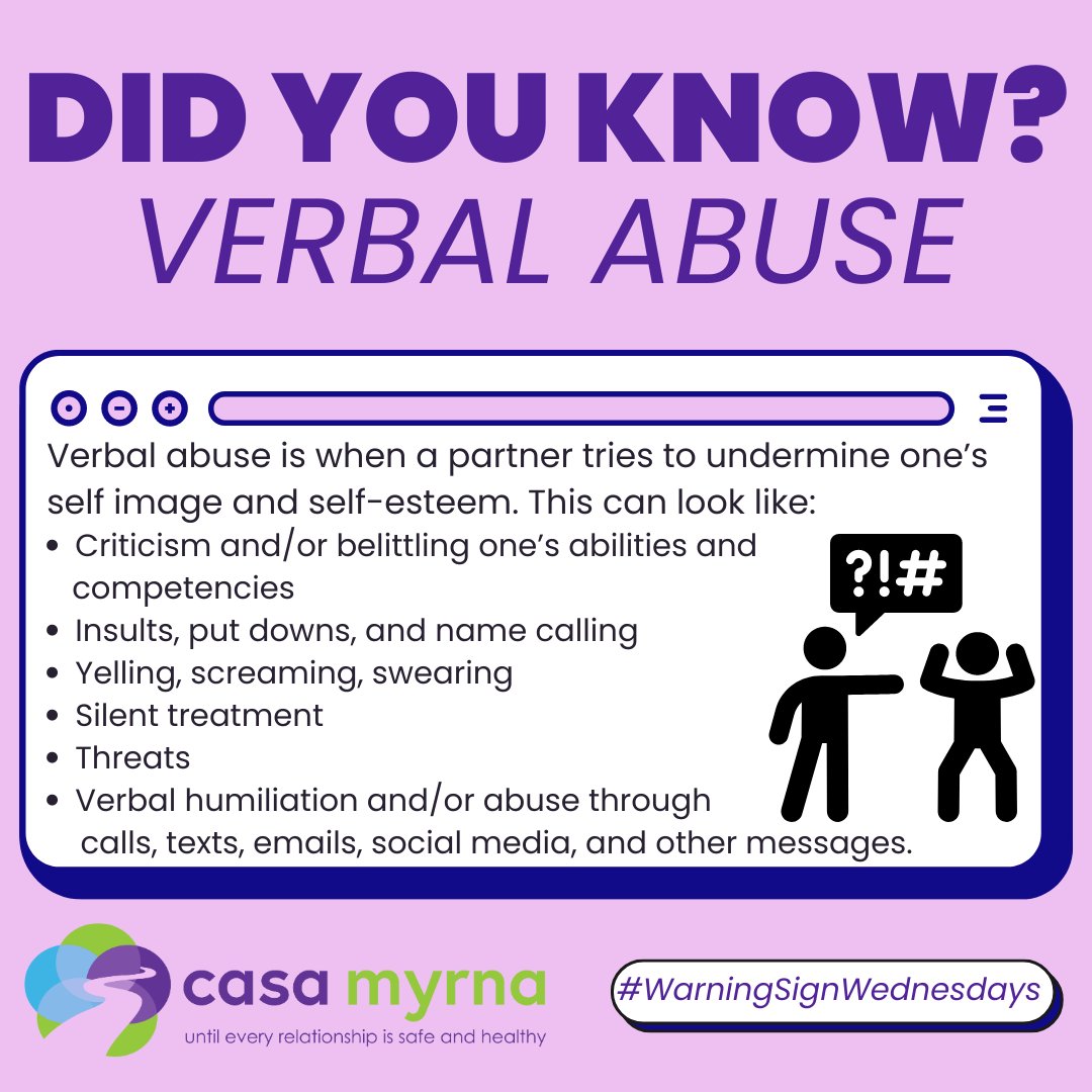 casamyrna's tweet image. #WarningSignWednesdays: #Verbalabuse is one way a partner can exert control &amp;amp; power. If you or someone you know is experiencing any type of abuse, call SafeLink, the MA toll-free #domesticviolencehotline, anytime at 1-877-785-2020. #DomesticViolenceAwarenessMonth #DVAM2024 #DVAM