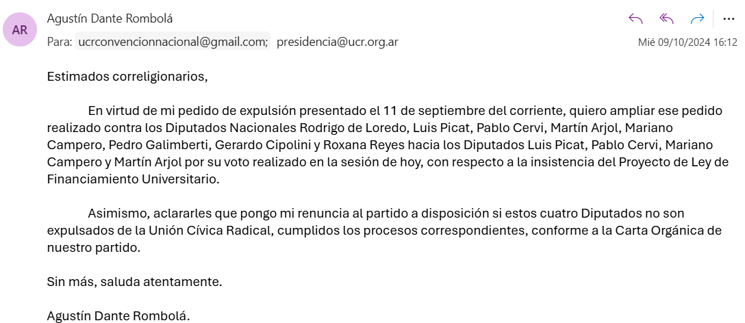 Acabo de poner la renuncia de mi afiliación a la <a href="/UCRNacional/">Unión Cívica Radical</a> a disposición en caso de que no expulsen inmediatamente del Partido a <a href="/LuisPicat/">Luis Picat</a>, <a href="/mariano_campero/">Mariano Campero 🇦🇷</a>, <a href="/MartinArjol/">Martin Arjol</a> y <a href="/CerviPablo/">Pablo Cervi</a>.

Que el Partido elija entre la militancia o las ratas traidores, cobardes y oportunistas.