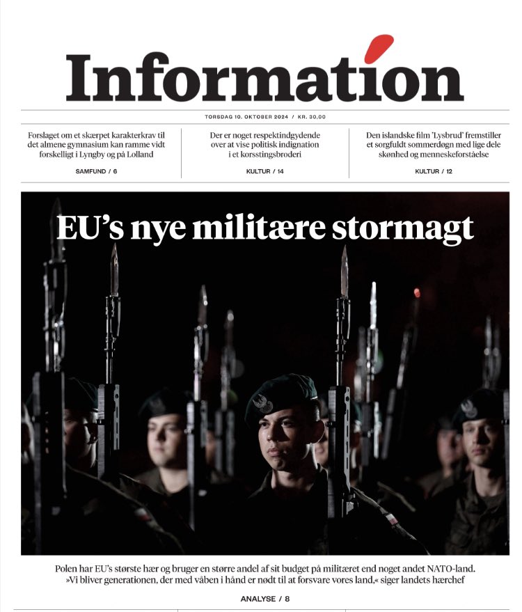 Polen er EU’s nye militære stormagt og kan give unionen en stålhård profil.
Landet har nu flest soldater i EU og bruger større andel af sit budget end noget andet NATO-land på militæret. Det kan rykke på magtbalancen i Europa skriver jeg i  <a href="/informeren/">Dagbladet Information</a> information.dk/udland/2024/10…