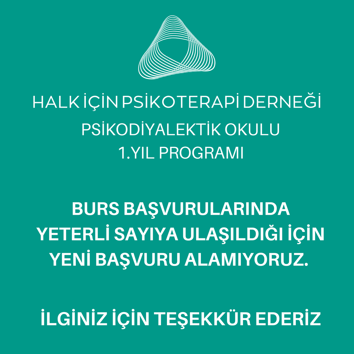 HalkPsikoterapi's tweet photo. Burs başvurularında yeterli sayıya ulaşıldığı için yeni başvuru alamıyoruz. İlginiz için teşekkür ederiz.  

Birinci yıl programı için https://t.co/akzmuwudeN adresinden detaylı bilgiye ulaşabilirsiniz. https://t.co/LW2WfQfA1E