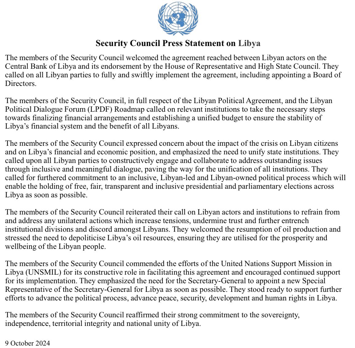 🇺🇳Security Council Press Statement
#UNSC members welcomed the agreement reached between Libyan actors on the Central Bank of Libya &amp; commended <a href="/UNSMILibya/">UNSMIL</a> efforts for its constructive role⬇️