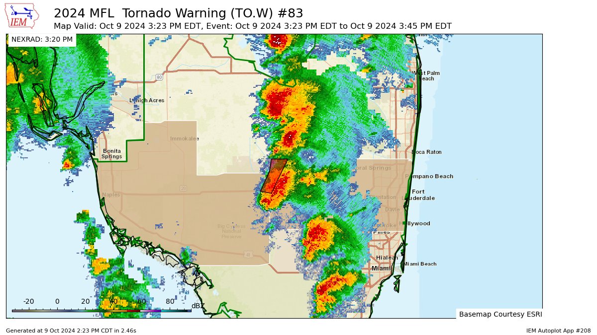PompanoWeather's tweet photo. MFL issues Tornado Warning [tornado: RADAR INDICATED, hail: 0.00 IN] for Broward, Collier [FL] till 3:45 PM EDT https://t.co/btfKE0eHdm https://t.co/zoLgZIU6Fq