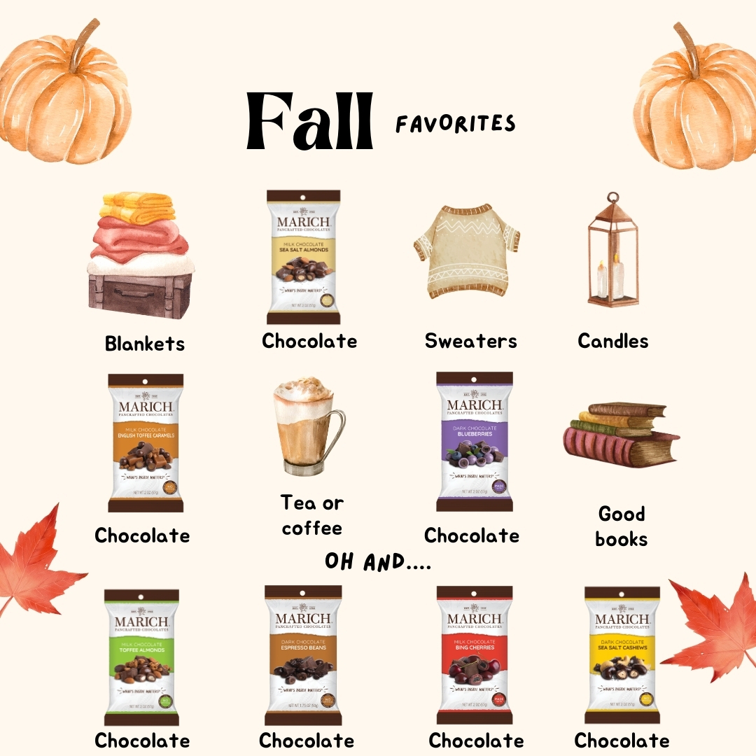 "Fall in love with flavors 🍁❤️🍫 Our favorite autumn symphony: the rustling of leaves, good books, and the undeniable allure of premium chocolate. Here's to the season of indulgence! #FallFavorites #ChocolateDream