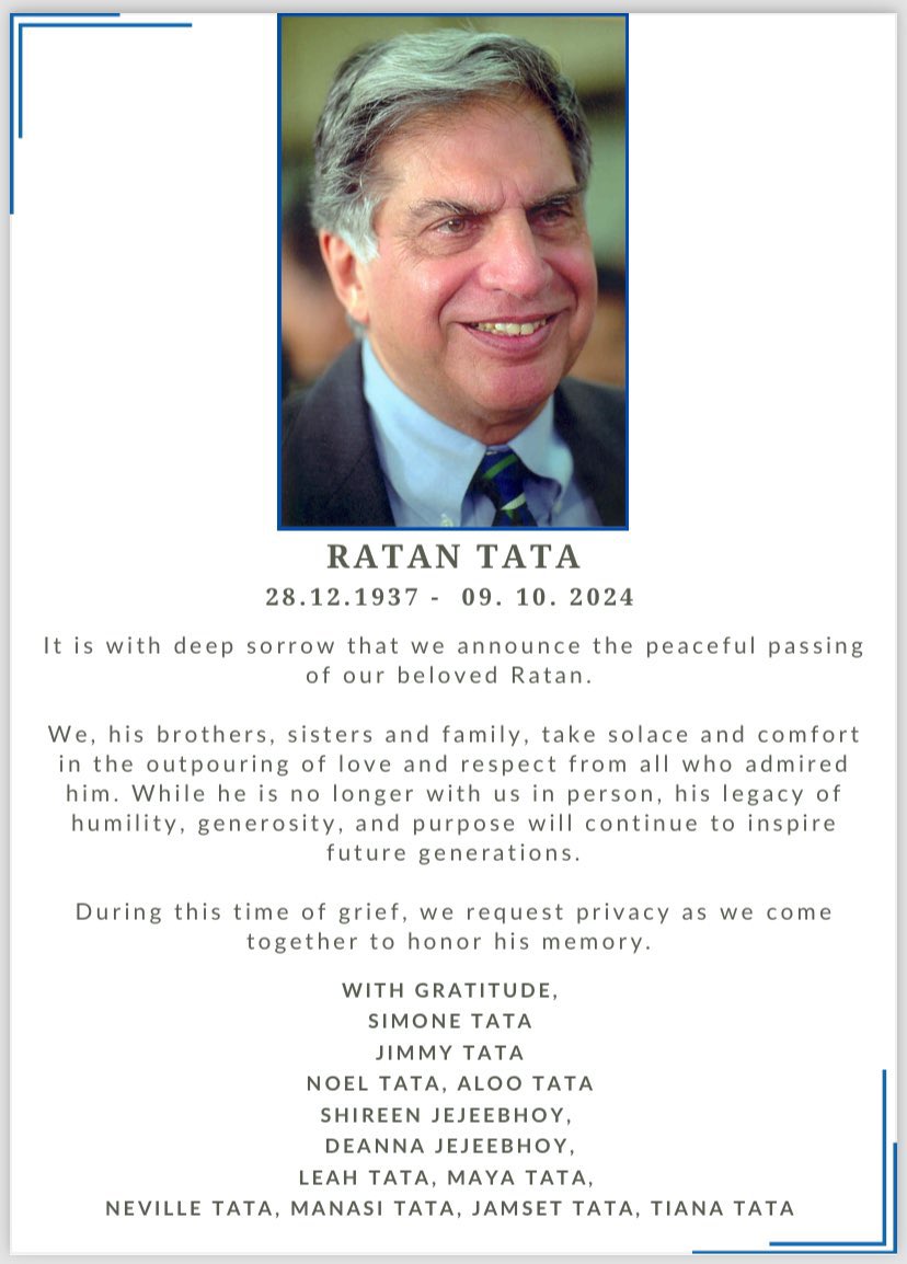 AdityaRajKaul's tweet photo. Padma Vibhushan Ratan Tata no more.

For every Indian this is a personal loss.

The man. His leadership. A visionary. 

Simplicity. Empathetic heart.

With a down to earth personality.

Ratan Tata was truly a Bharat Ratna.

We mourn together loss of this great man, Bharat! 🙏 https://t.co/GKz2MtKn8X
