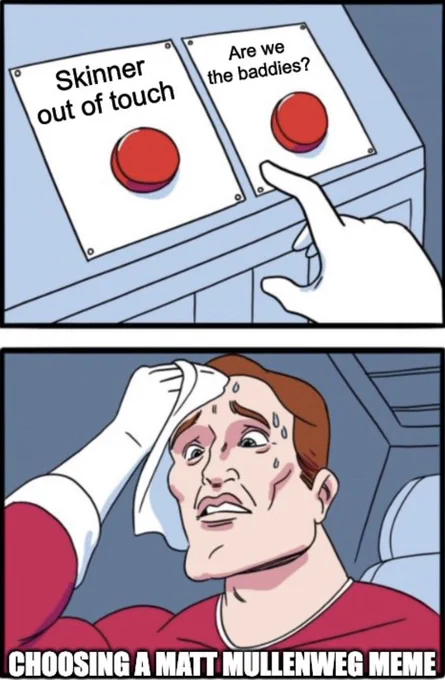 Two buttons meme image. 
Top frame:
Button 1: Skinner out of touch
Button 2: Are we the baddies?
Bottom frame:
Sweating Hank Nova: "Choosing a Matt Mullenweg meme"