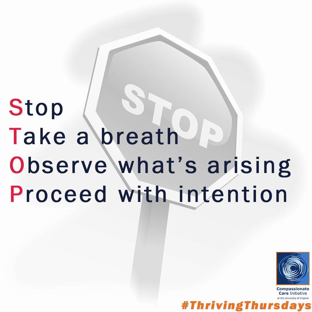 S.T.O.P. is a handy mindfulness practice that can help whenever you are feeling distress. With practice you learn to be present to emotions without judgement &amp; develop psychological flexibility to face challenging moments with #equanimity.

#CCI #ThrivingThursdays #Self