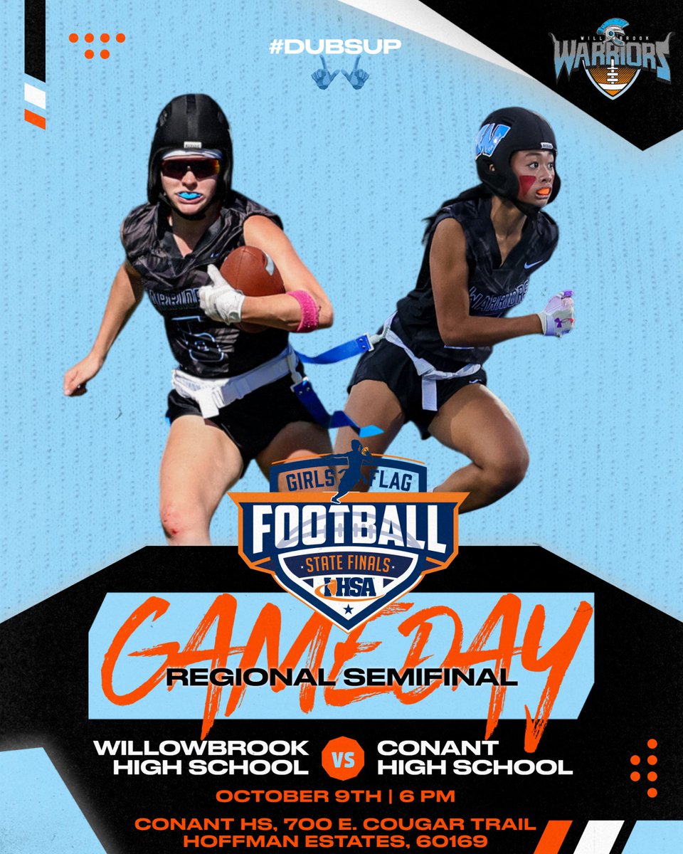 Best of luck to our Varsity Girls Flag Football team as they compete in this evening’s IHSA Regional Semifinal game at Conant High School! The game will begin at 6 pm! #DubsUp 📸 <a href="/piehousesix/">Joe Pearson 📸</a> <a href="/WBFLAGFOOTBALL/">Warriors Flag Football</a> <a href="/dkrausewb/">Dan Krause</a> <a href="/WillowbrookHS1/">Willowbrook HS</a>