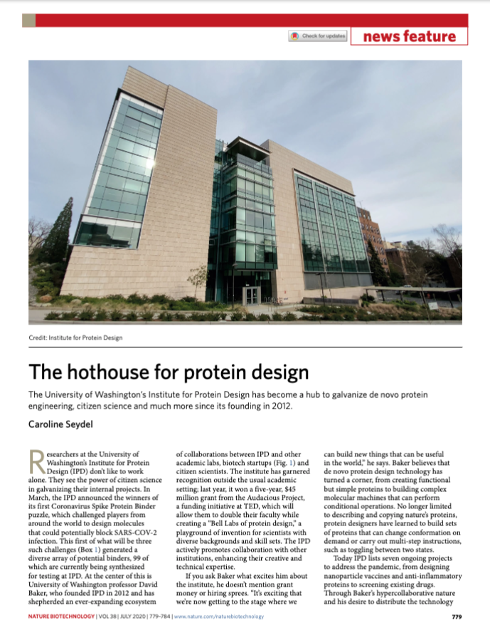 NatureBiotech's tweet photo. Congratulations to the 2024 @NobelPrize in Chemistry awardee David Baker. You can revisit our 2020 feature on the @UWProteinDesign Institute, a hub galvanizing de novo protein engineering, citizen science and much more since its founding by Baker https://t.co/T7JSYMgZ4T https://t.co/UvCR94evdS