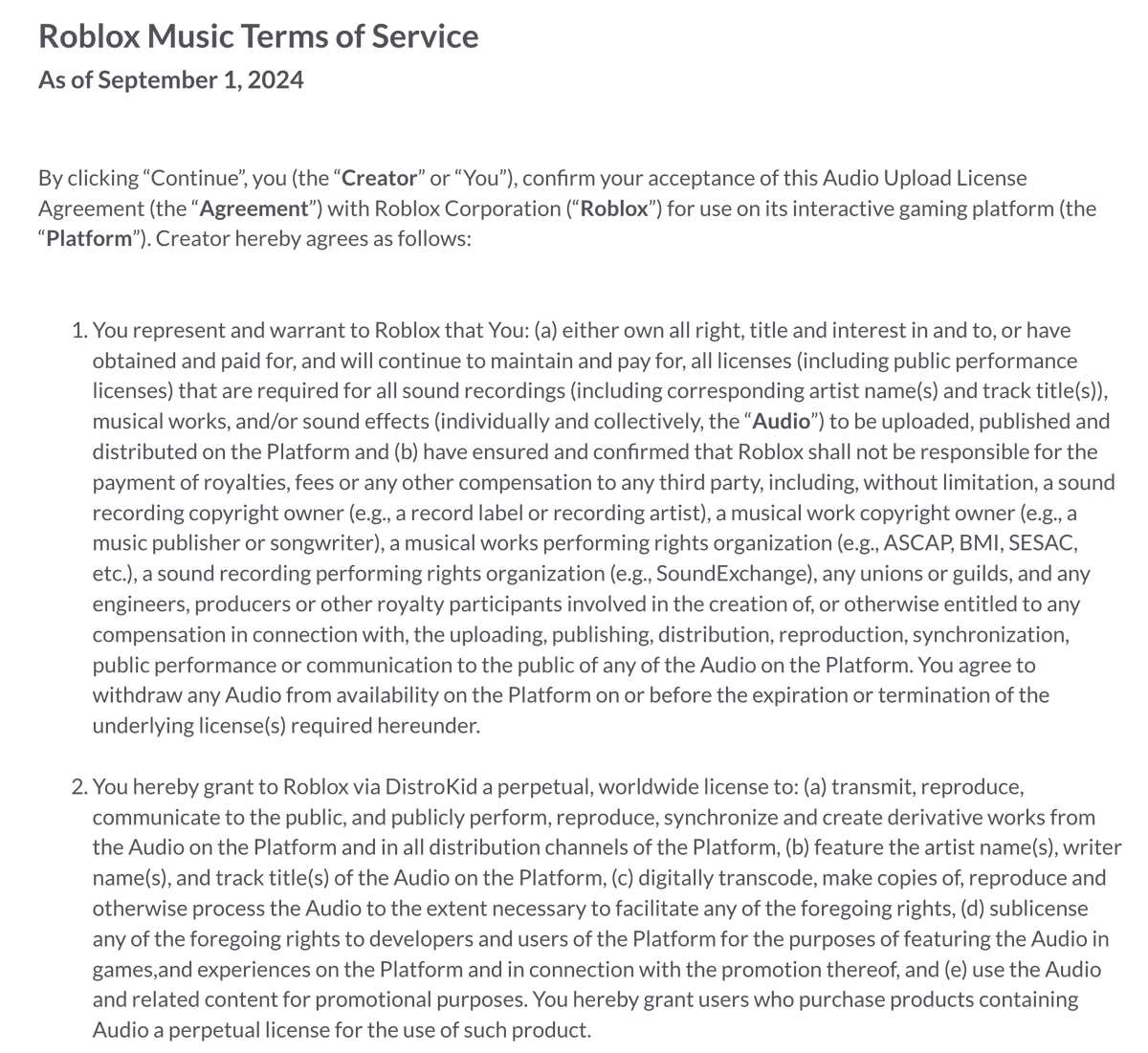 Ntrospec's tweet photo. If you are with @DistroKid and have seen this option to distribute your music to Roblox, please READ the terms and service. You would essentially be giving them a perpetual license to replicate and sell your music and "create derivative works" from it (AI) https://t.co/hURV8xYOUv