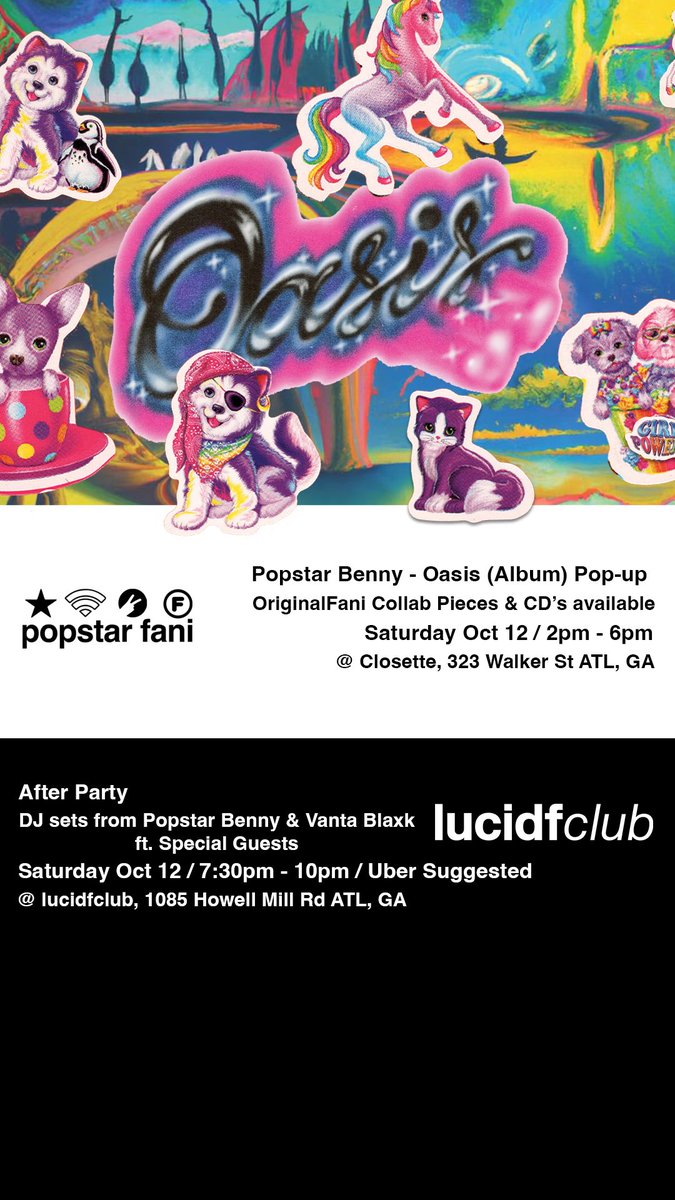 Celebrating the release of my album, Oasis, this Saturday with an instore pop-up at @closette323, featuring exclusive collab pieces from OriginalFani and CD’s of the album! 🦋

After Party at <a href="/LucidFC/">Lucid FC</a> w/ Merch &amp; CD’s available as well! 💫

rsvp ~ partiful.com/e/rxlPAAcD2Z6M…