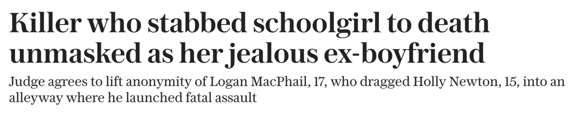 Not "jealous", <a href="/Telegraph/">The Telegraph</a>. 

Try "abusive", "coercively controlling", "stalking" or at least "obsessive". 

Let's not normalise men and boys' violent and fatal misogyny. 
Lots of people feel jealousy. 
Logan McPhail stalked and stabbed Holly Newton to death.