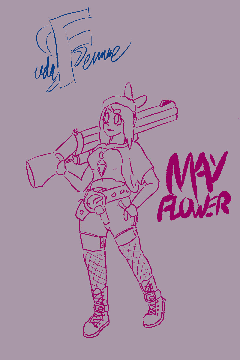 latentley's tweet photo. We call that gun the Trabuco_Brazil.
I liked this one enough to do 4 versions of it. Initial sketch, a corrected sketch, lineart, and even a flat color! Skipping the corrected sketch here since it's just a messier version of the lineart. https://t.co/2sr2HhpGua