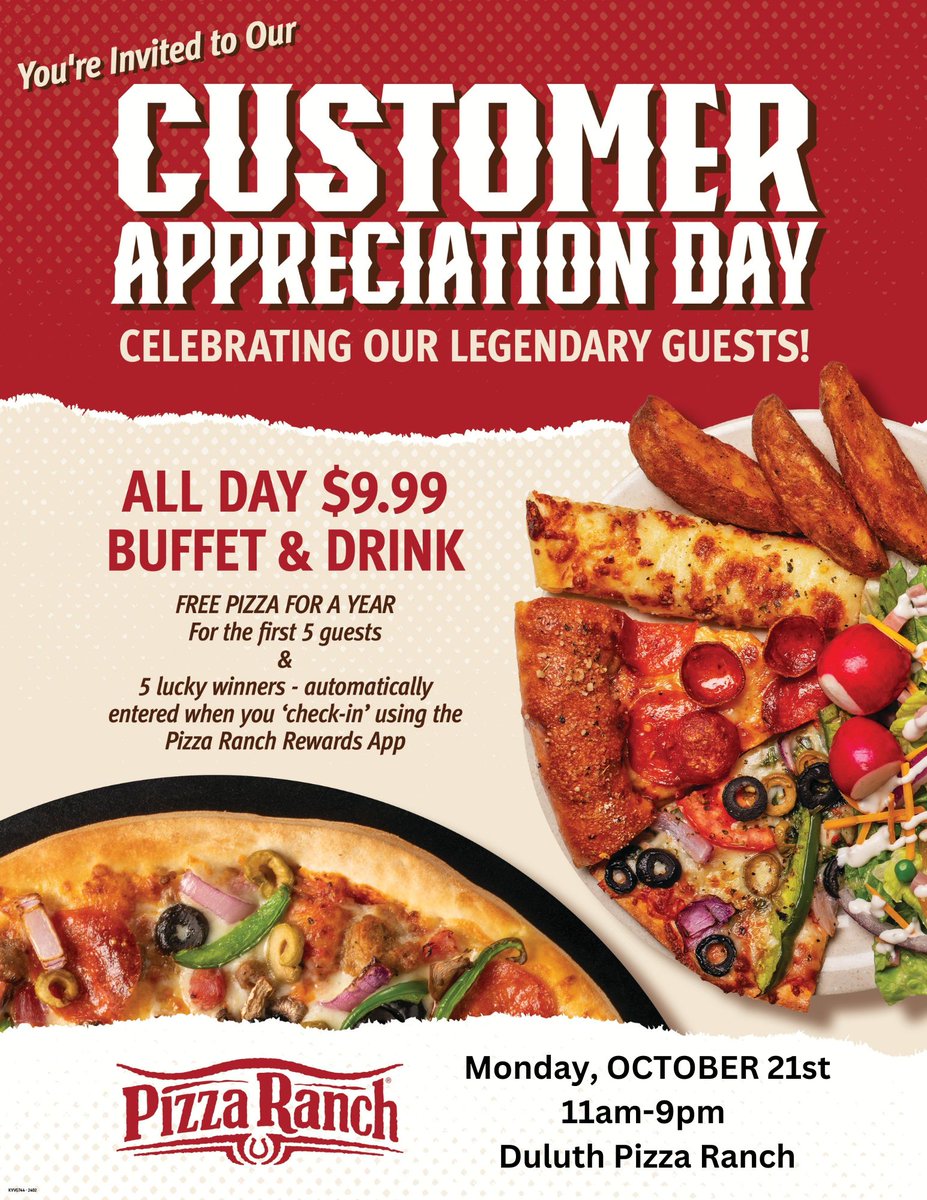 UMDChamp's tweet photo. Make sure you head to Duluth @PizzaRanch for Customer Appreciation on October 21st! It's sure to be a great time. https://t.co/v9unf6hNiu