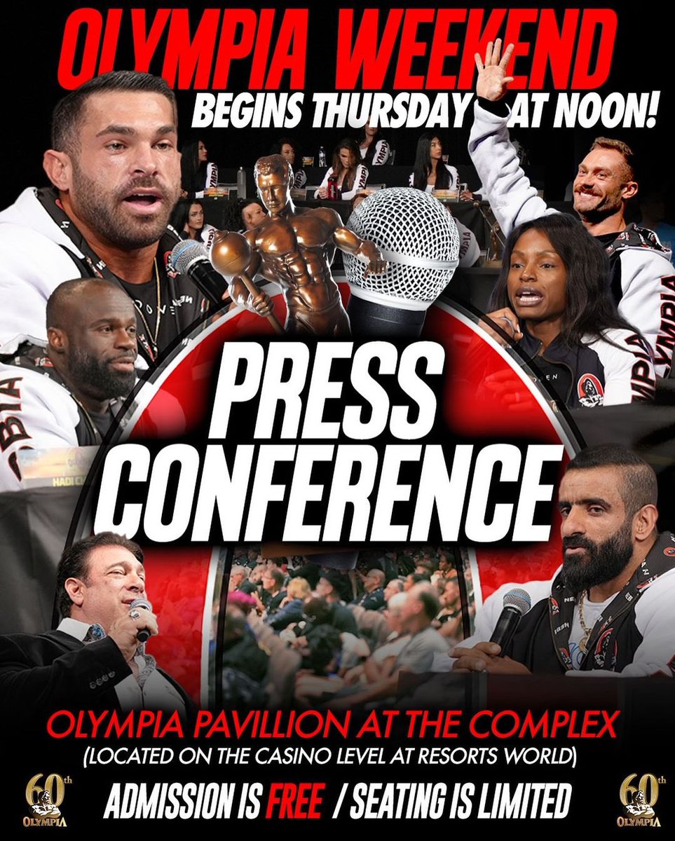 muscle_fitness's tweet image. PRESS CONFERENCE / THURSDAY AT NOON PT
Olympia Weekend officially begins as the top contenders come together for the Press Conference inside the Olympia Pavilion at Resorts World (located near the big globe on the casino level). Brought to you by @OfficialWolfpak Admission is