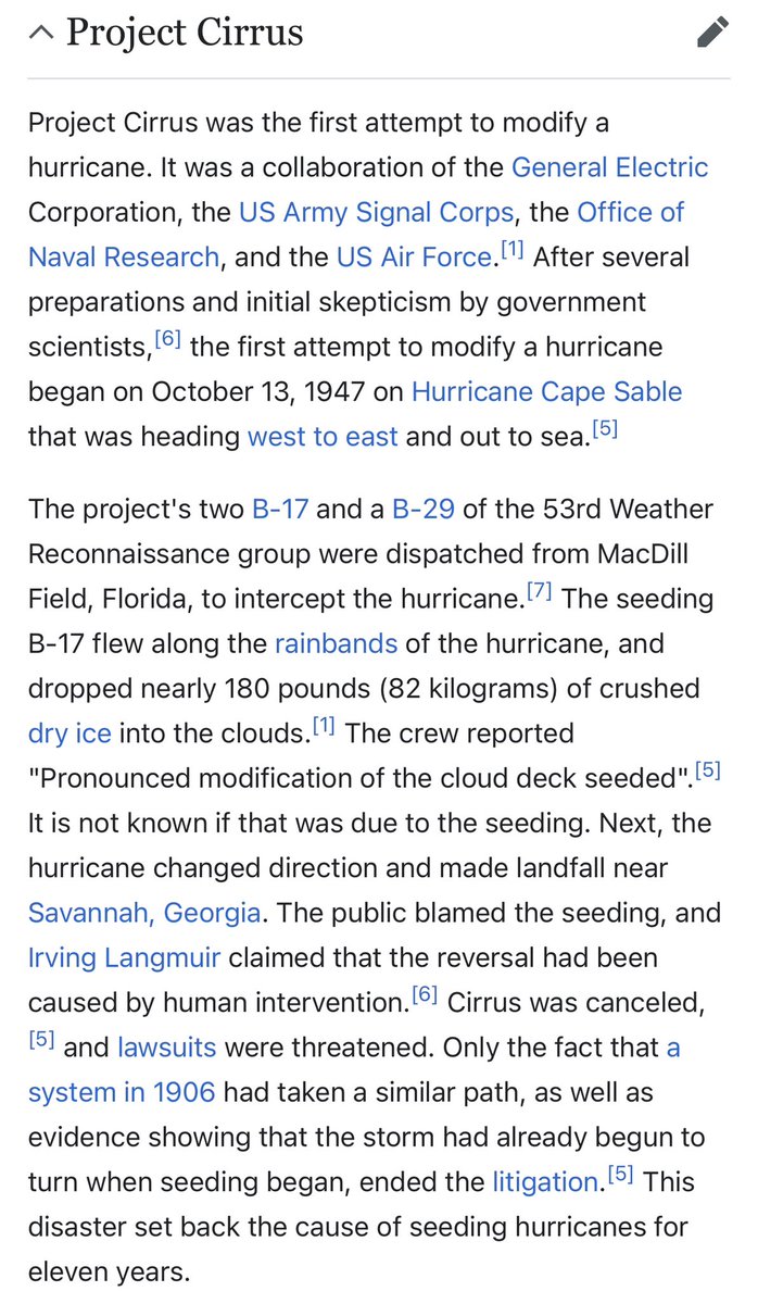 TPV_John's tweet image. The Government HAS used Dry Ice, and Cloud Seeding to manipulate Hurricanes, and is STILL doing so currently. 🚨🚨🚨⚠️⚠️⚠️

THAT IS A 💯💯💯 FACT.

Look up “Project Cirrus”

It SURE looks like they are doing it again with Hurricane Milton.

In fact, this video likely shows…