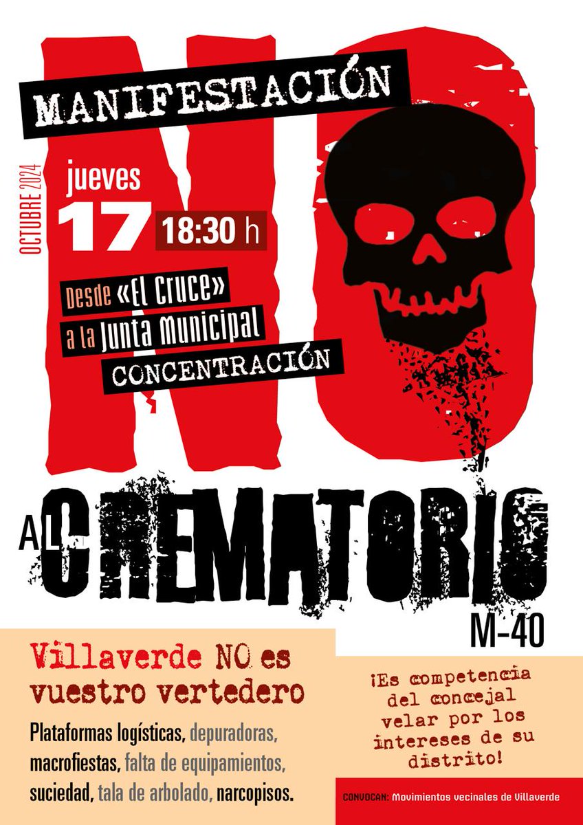 AVIButarque's tweet photo. 📢VILLAVERDE NO ES VUESTRO VERTEDERO -
NO AL CREMATORIO DE LA M-40📢
⚠️No nos dejaron hablar, nos tendrán que escuchar ⚠️

JUEVES 17 DE OCTUBRE a las 18:30h saliendo desde el Metro Villaverde Bajo Cruce
Y, si no llegas, a las 19:30h en la Junta de Villaverde (Arroyo Bueno, 53) https://t.co/SyVVYsIwMN