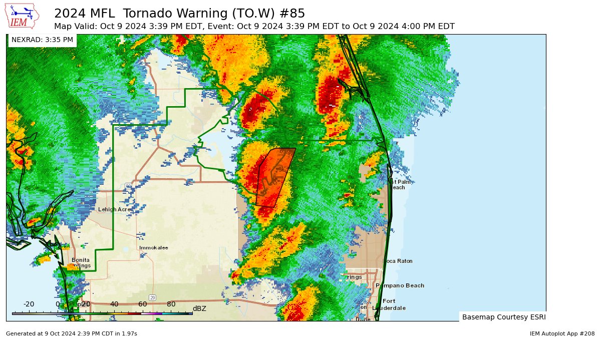 PompanoWeather's tweet photo. MFL issues Tornado Warning [tornado: RADAR INDICATED, hail: 0.00 IN] for Palm Beach [FL] till 4:00 PM EDT https://t.co/AxTLjCHChP https://t.co/GcbDRDiuwL