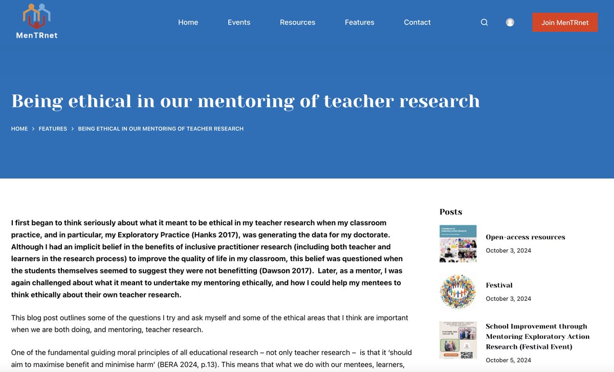 ELTeacher-research (@trfestiva) on Twitter photo Feature by Susan Dawson on MenTRnet's new website:
mentrnet.net/being-ethical/ <a href="/IATEFLResig/">IATEFL ReSIG</a> Feature by Susan Dawson on MenTRnet's new website:
mentrnet.net/being-ethical/ <a href="/IATEFLResig/">IATEFL ReSIG</a>