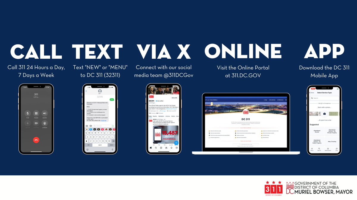 311DCgov's tweet photo. Do you know all the ways to reach DC 311?  

1️⃣ Call 311, 24 Hours a Day, 7 Days a Week 
2️⃣ Text "NEW" or "MENU" to 32311
3️⃣ On X, @311DCGov
4️⃣ Download the DC311 Mobile App 
5️⃣ Visit the Online Portal at https://t.co/rAecGqrLid https://t.co/FMX6dbHUv9