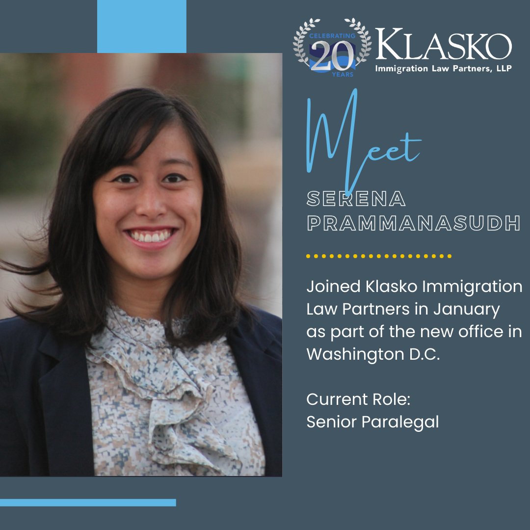 Meet Serena Prammanasudh! She joined Klasko in January as part of the new office in D.C. Head over to our Instagram at @klaskoimmigrationlaw to learn more about Serena and her experience at Klasko. Or head over to our website for the full interview here: ow.ly/RvUj50TIc6a