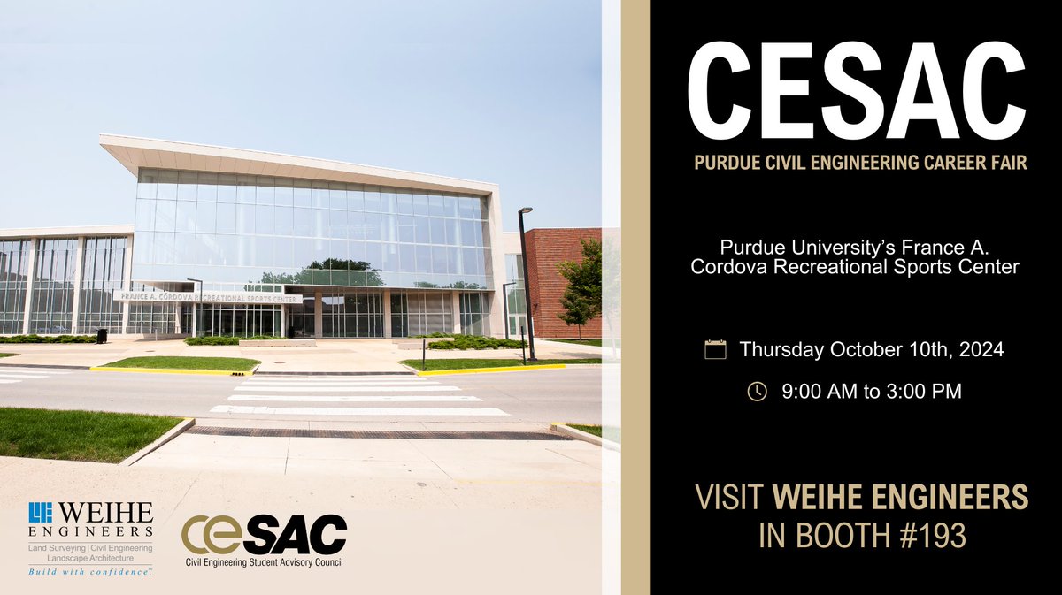 Don't miss Weihe Engineers in booth 193 at the <a href="/LifeAtPurdue/">Purdue University</a> CESAC Civil Engineering Career Fair tomorrow! Meet our dynamic CE team and explore our exciting internship and full-time career opportunities.

Explore careers at Weihe Engineers:
weihe.net/careers/