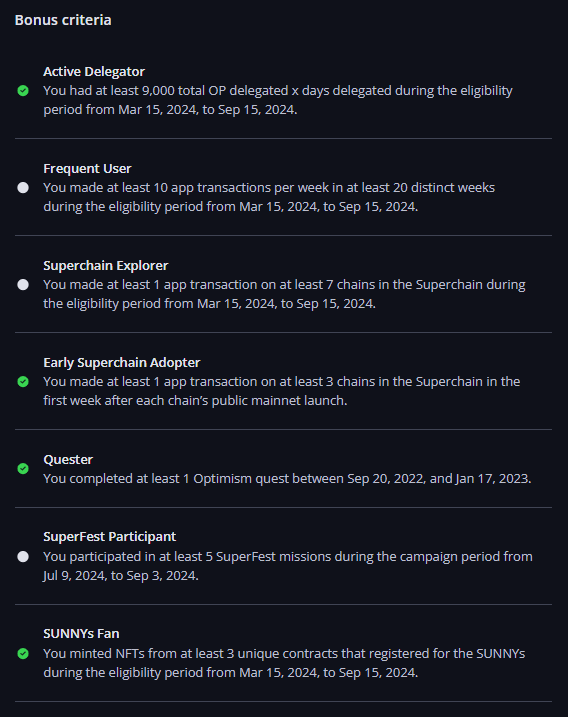 L'Airdrop numéro 5 d'OP est dispo ✅

Lien du claim : app.optimism.io/airdrops/5

Critère principal : 20 contrats uniques sur la superchain, et avoir un ratio de contrats / txs supérieur à 10%

Bonus : différents critères dans la capture d'écran 👇

Note : Le critère SuperFest est