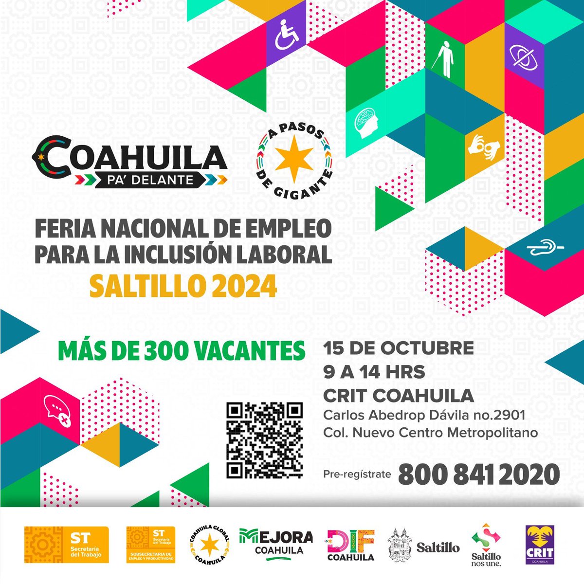 #FeriaDeEmpleo #Saltillo para la Inclusión Laboral
￼Más de 300 vacantes

￼martes 15 de octubre ￼
9:00 a 14:00hrs
￼CRIT COAHUILA. Carlos Abedrop Dávila no. 2901
￼
¡Te esperamos!
 #CoahuilaPaDelante #APasosDeGigante