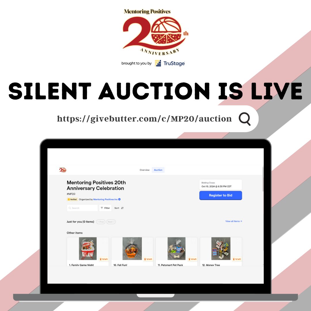 🚨 Big Announcement! 🚨
Our Mentoring Positives 20th Anniversary Celebration is just around the corner, and we're excited to announce that our silent auction is now LIVE! 🎉
 
👉 Register here: givebutter.com/c/MP20/auction