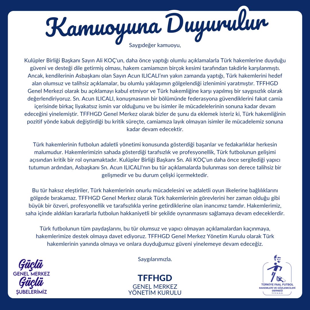 Hakemler derneği #AcunIlıcalı ya cevap olarak hakemlerin yanındayız mesajı vermiş. Güzel şeyler bunlar da peki gsli Okan hakemleri tehdit edince nerdeydiler acaba? <a href="/TFF_Org/">TFF</a> @TffhgdGenel <a href="/metintokat/">Metin TOKAT</a> <a href="/Fenerbahce/">Fenerbahçe SK</a> <a href="/GalatasaraySK/">Galatasaray SK</a> <a href="/erkanhakarar1/">Erkan Hakarar</a> <a href="/ForumHakem/">Hakem Forum</a> <a href="/aspor/">A Spor</a>