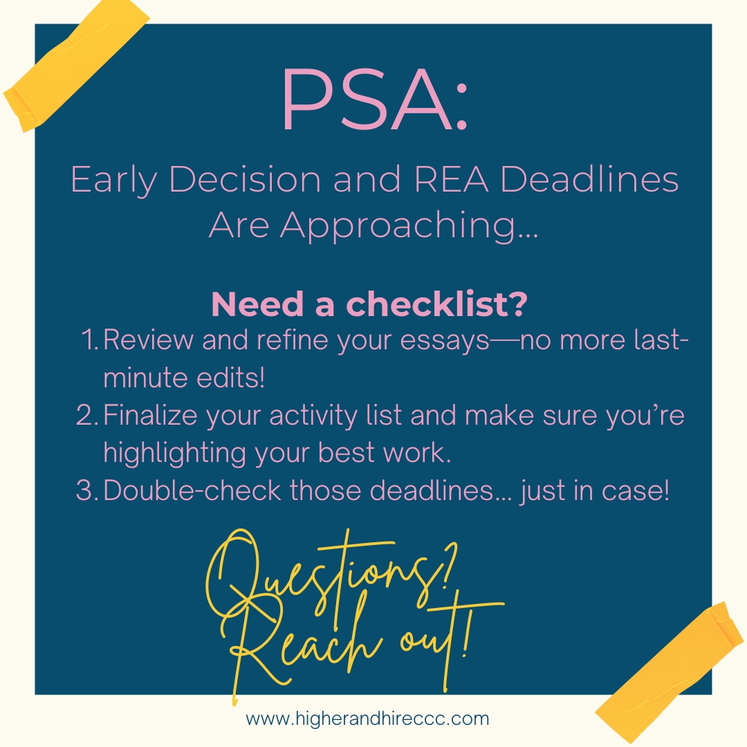 CounselorValPal's tweet photo. 🚨 PSA: The Early Decision &amp; REA deadline is Oct 15! ⏳ It’s time to get moving on those apps. 💨
📋 This week’s to-do: 1️⃣ Finalize your essays 🖊️ 2️⃣ Polish your activity list 📋 3️⃣ Double-check deadlines 🗓️
Need help? Reach out—I’m here to support! 💪🏾 #CollegeAdmissions #ED #REA https://t.co/zSIqyNL0G3