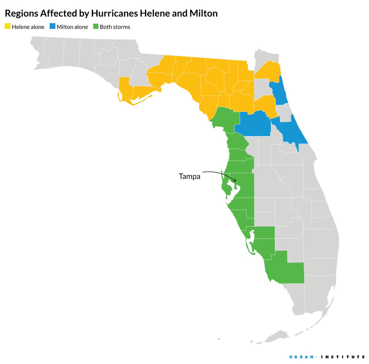 Florida residents are at risk of a challenging &amp; longer recovery because of the effects from #Hurricanes Milton &amp; Helene.

In an Urban #analysis, learn about the affected communities’ existing needs, challenges, &amp; #policy recs for compounding disasters. urbn.is/3XYE3o3