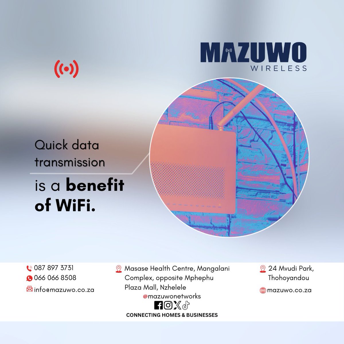 Get the speed you need with Mazuwo Wireless! Quick data transmission that keeps you connected without the wait. 📶📡✨

#WiFiBenefits #ConnectivityForAll #Vhembe #mazuwonetworks #connectivity #FastConnection #MazuwoWireless #StayConnected #WiFi