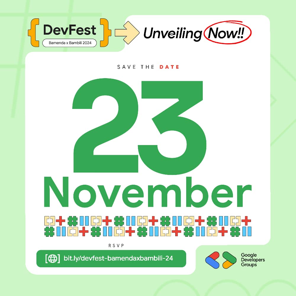 gdg_bambili's tweet photo. 🎊 Venue and Date reveal 🎊

Devfest Bamenda × Bambili is coming this NOVEMBER 23rd, at ADMIRALTY Serviced Apartments Up-Station, Bamenda. 

Remember to RSVP if you haven't: https://t.co/XeghEy3vxR

#DevfestBamendaxBambili2024
#DevfestBamendaxBambili
#Devfest2024
#Devfest https://t.co/7KJJeuIjsu