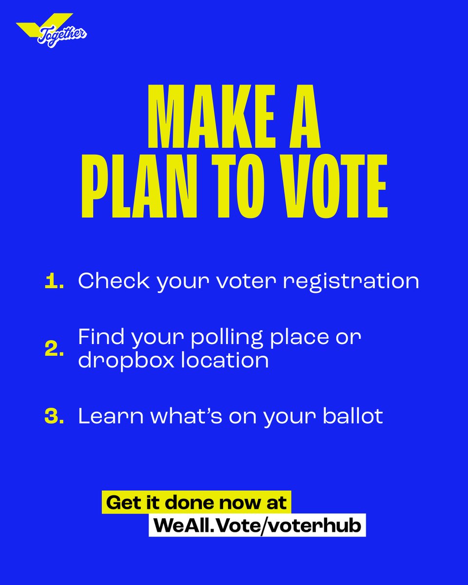 WhenWeAllVote's tweet photo. Do you have a plan to #VoteEarly? Now is the perfect time to make one!

📋 Check your voter registration
📍 Find your polling place
🔍 Learn what's on your ballot
👯‍♀️ Remind your #VotingSquad to vote early
🗳️ Go vote!

Make your plan to vote now at https://t.co/FIQvhGCwCS. https://t.co/Tb6JTy8IR9