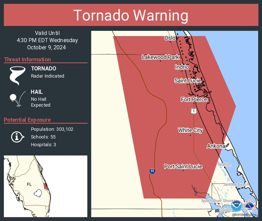 LimWeather's tweet photo. #Tornadowarning for #PortStLucie,#StLuice,#FortPierve,#WhiteCity,#Ankona,#LakewoodPark,#OsloFl,#Indrio,#Florida as a #Tornado could touch down again at any time! so pls #takecover now
#wxx #wxtwitter #spc #severewx #tropicswx #flwx #wind #hurricane #Milton #Hurricanemilton https://t.co/8Sr5YEPuQW