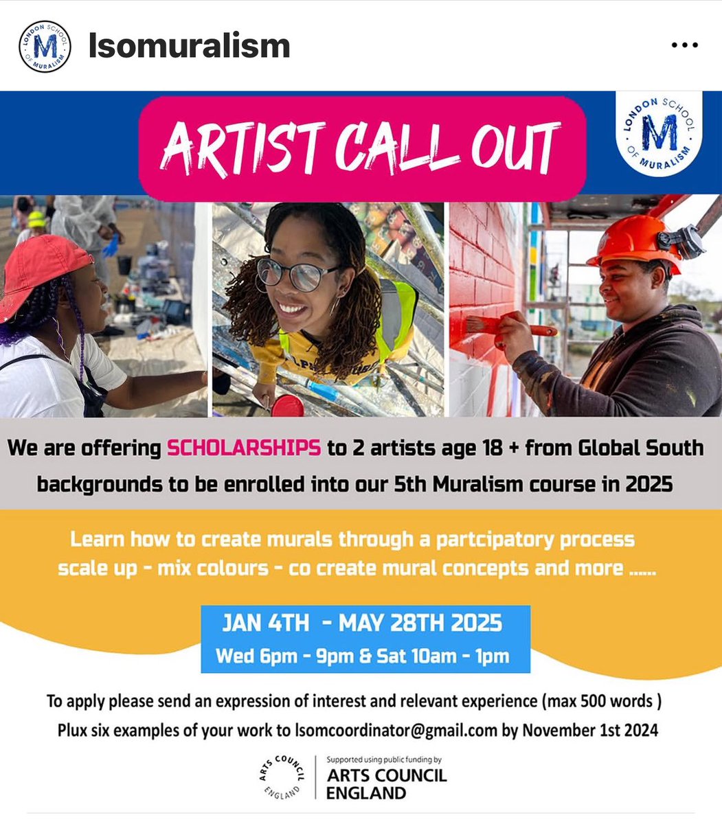 London School of Muralism (@lsomuralism) on Twitter photo We mark this Black History Month by offering two scholarships for two black artist for which money can be a barrier to join our 2025 Muralism Course.
For more info:
Lsomcoordinator@gmail.com
Funded by <a href="/ace_national/">Arts Council England</a> We mark this Black History Month by offering two scholarships for two black artist for which money can be a barrier to join our 2025 Muralism Course.
For more info:
Lsomcoordinator@gmail.com
Funded by <a href="/ace_national/">Arts Council England</a>