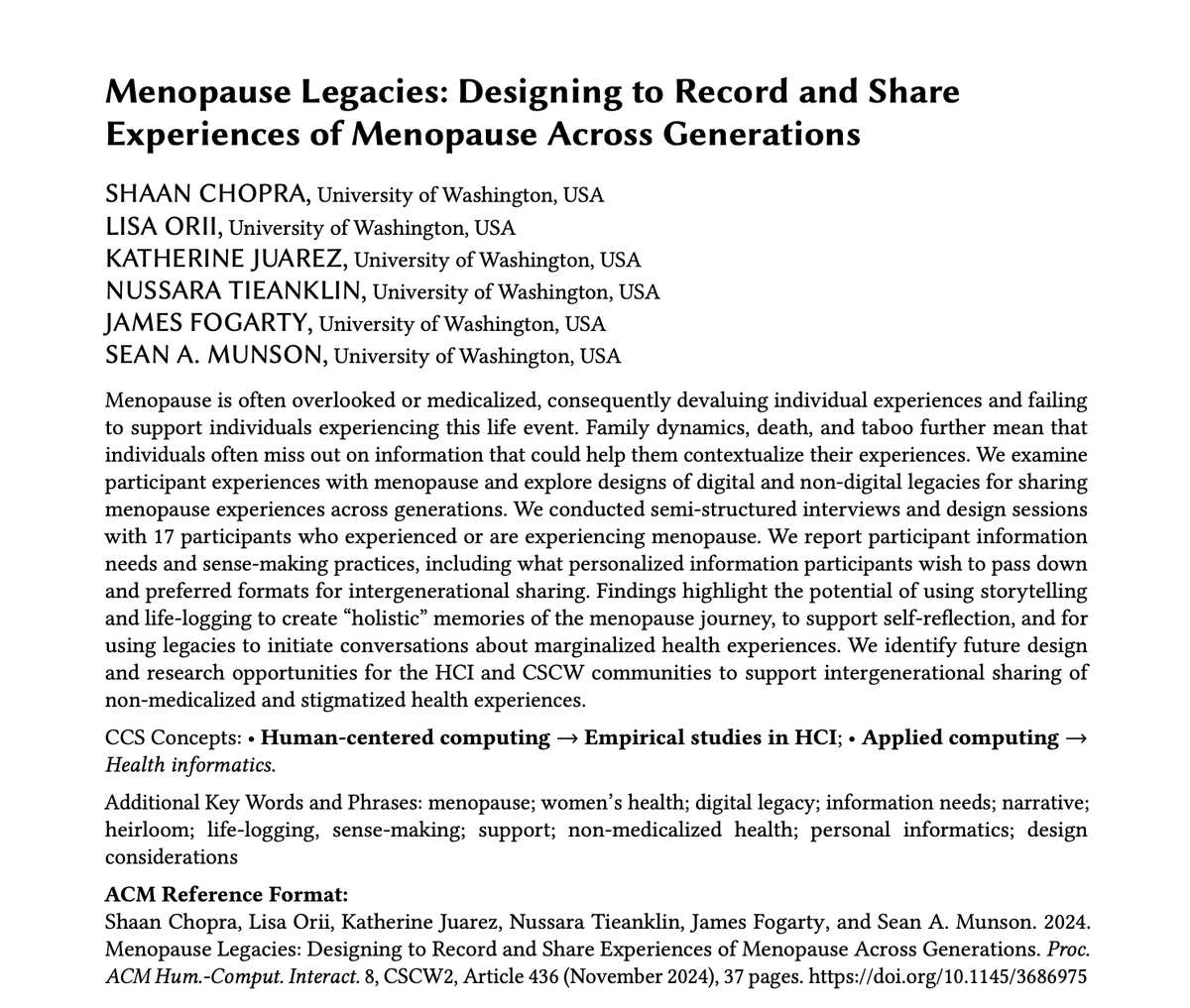 1/3 Our work on designing legacies for recording &amp; sharing menopause experiences is published at #CSCW2024
We explore designs of digital &amp; non-digital legacies, identifying opportunities for supporting intergenerational sharing of nonmedicalized &amp; stigmatized health experiences🧵