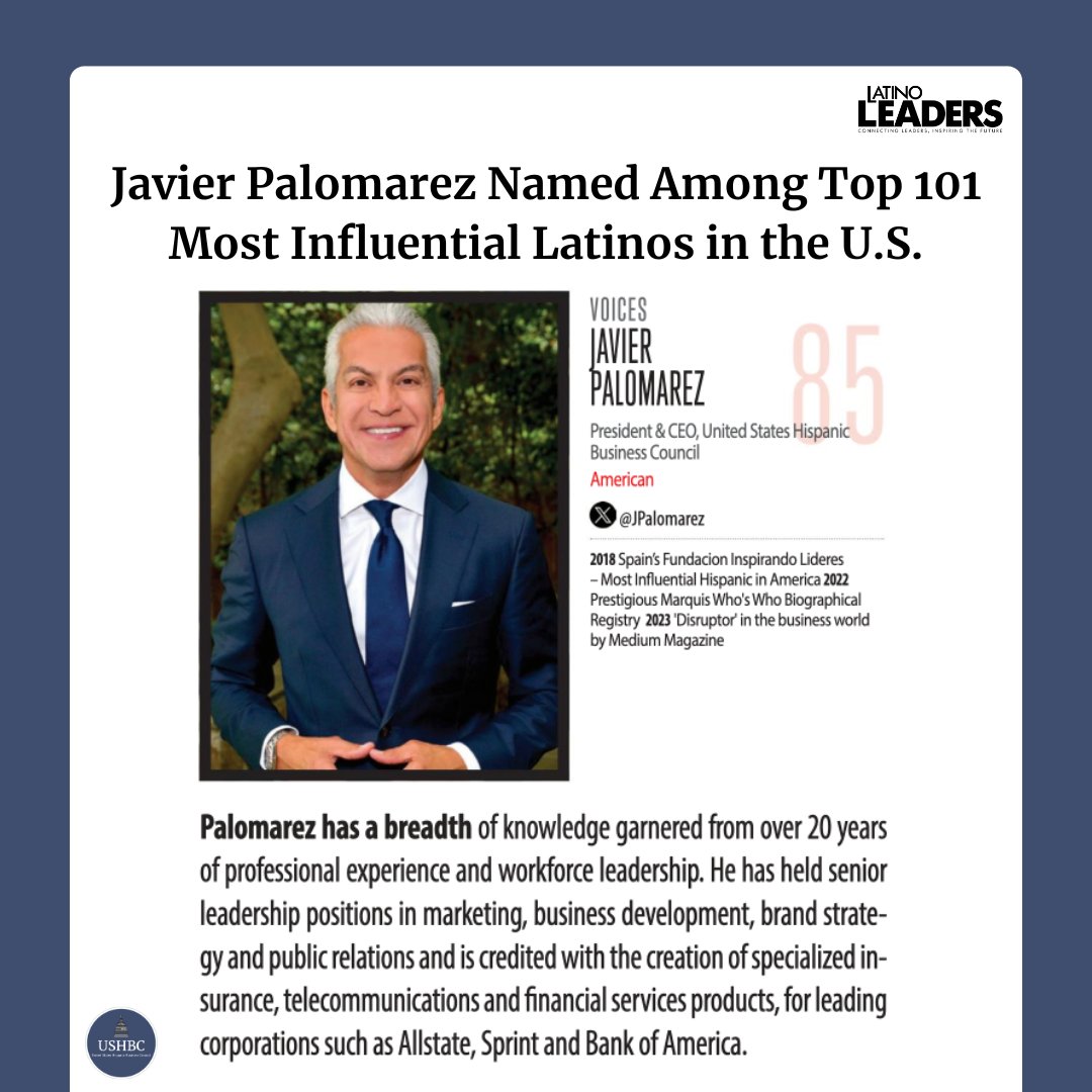 Congratulations to our President &amp; CEO, <a href="/JPalomarez/">Javier Palomarez</a> , for being recognized among <a href="/LatinoLeadersUS/">Latino Leaders</a> Magazine’s 101 Most Influential Latinos! Championing Hispanic entrepreneurs &amp; small business owners, dedicated to shape the future of business in America. Well-deserved!