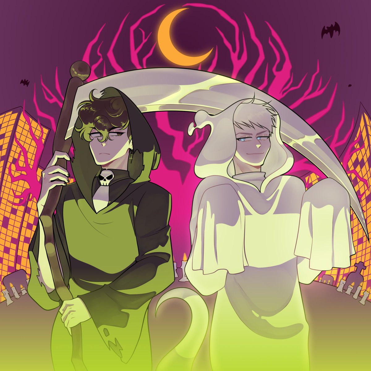 does your life need a SPOOKY soundtrack?? we’ve released a new DanAndPhilBEATS album of haunted synthwave to carve or create to open.spotify.com/album/5GyyDRt7… (art by <a href="/queenrabbit_/">usagi</a>)
