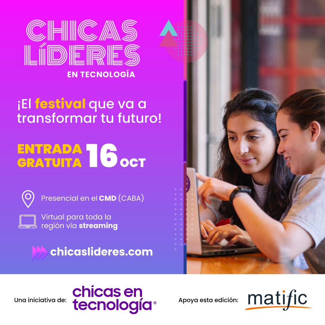 ¡Ya llega la 11° Chicas Líderes en Tecnología! 🚀
🗓️ Miércoles 16 de octubre
📌Formato híbrido: presencial en CABA + virtual para toda Latam
¡No te quedes afuera! Inscribite 👉🏼 chicaslideres.com
#ChicasLíderesEnTecnología #ChicasLíderes