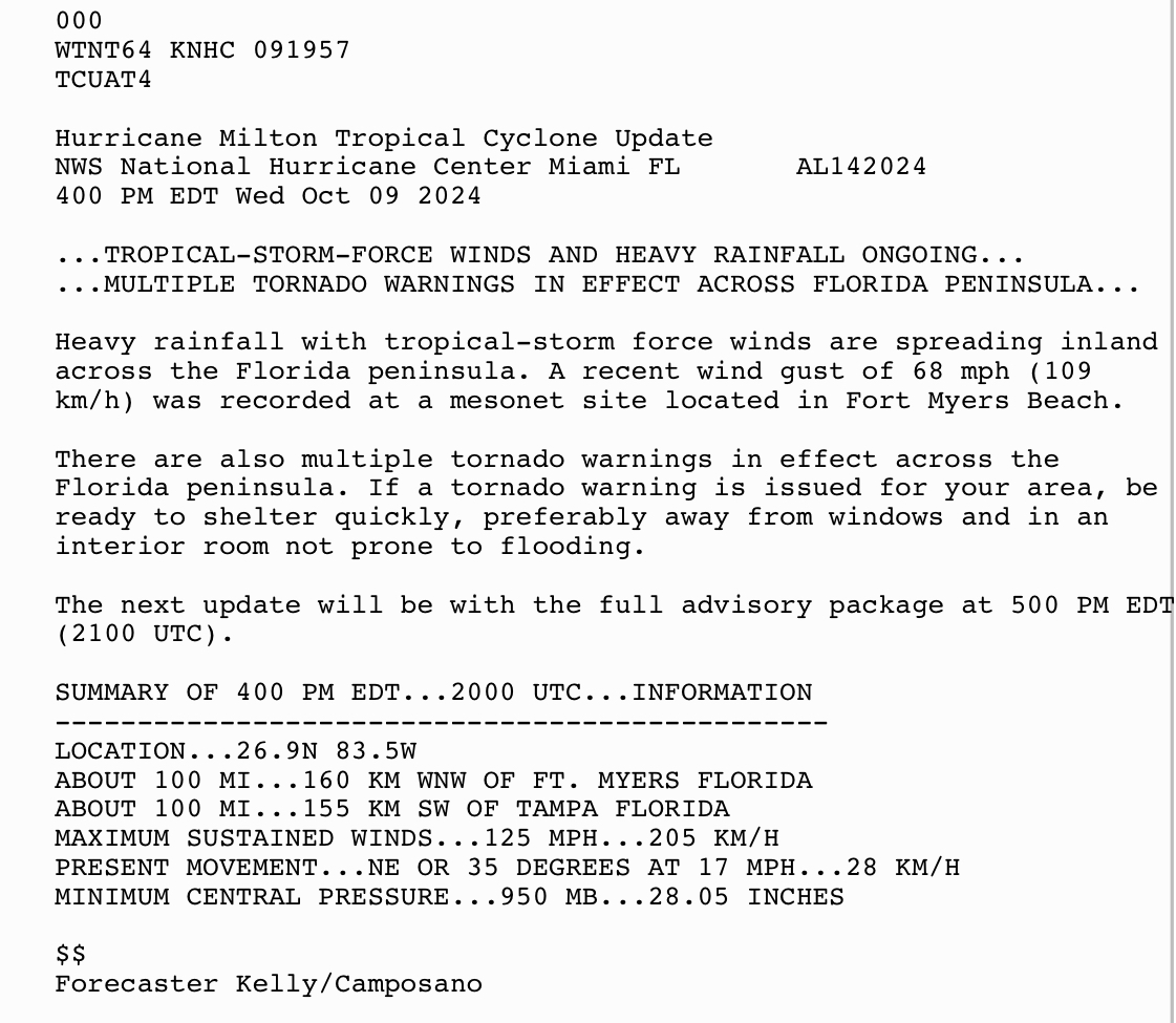 Eyewall of Milton about 50 miles off the west coast of Florida as of 4 pm. Based on current speed of 17 mph,  eyewall should be moving onshore near Sarasota around 7 pm or so. Milton now a Category 3 with top winds of 125 mph (205 kmh)