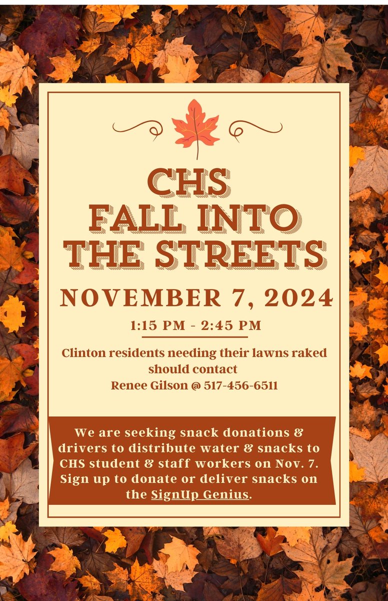 CHS is looking for volunteers to purchase snacks and drivers to deliver water and snacks to our workers during our annual Fall into the Streets. Sign up at tinyurl.com/FITS2024