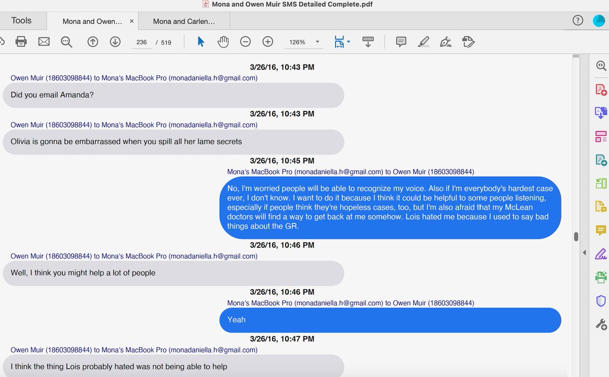 estherkhaddad's tweet photo. #ScottMuirMD kept pushing Mona to do the interview “Did you email Amanda?”
Mona’s reply:
“No, I'm worried people will be able to recognize my voice. ………., but I'm also afraid that my #McLeanHospital doctors will find a way to get back at me somehow. Lois hated me because I used to say bad things about the GR.“
#grief #Childloss # justice4mona #bereavement #GundersonResidence