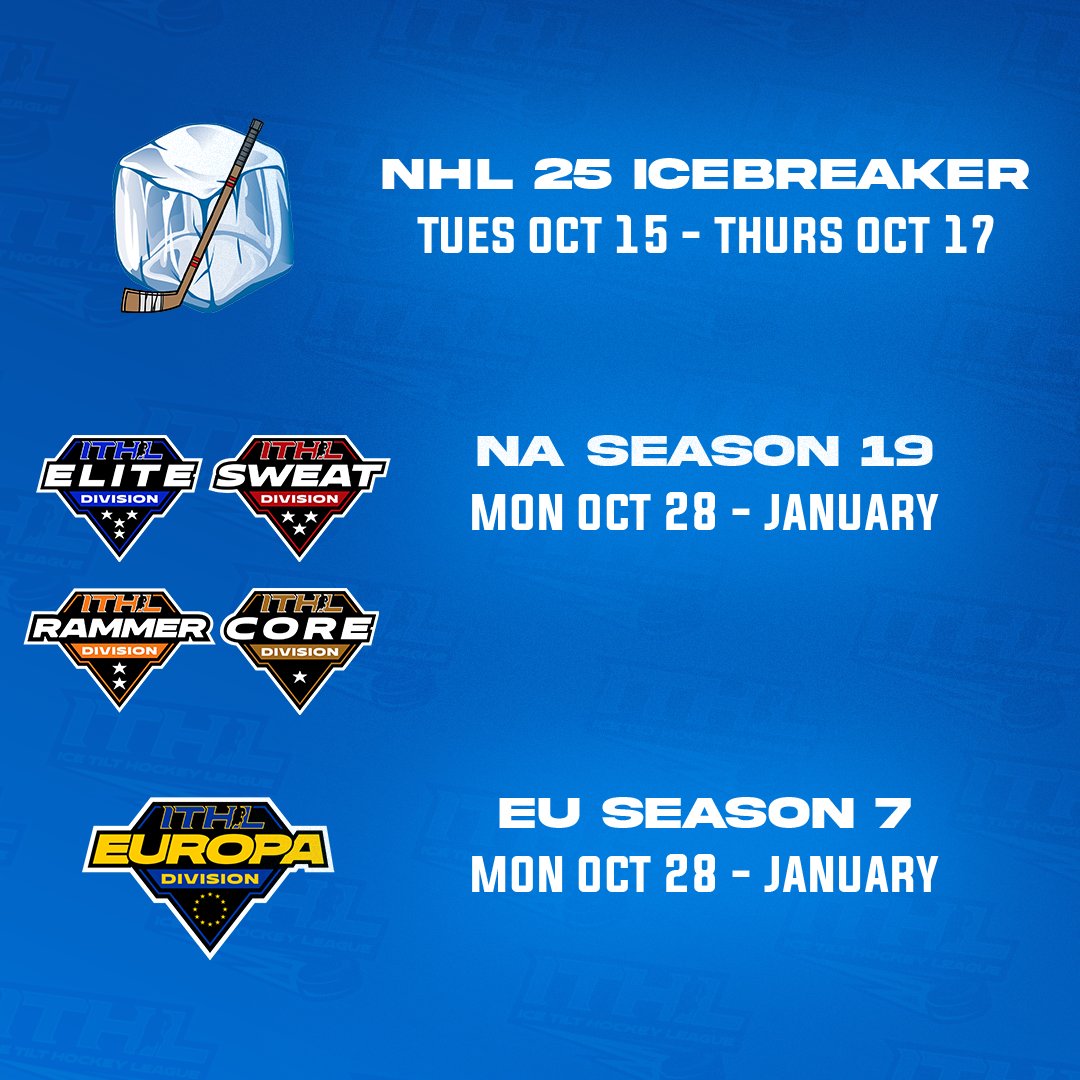 Upcoming Events! 🗓️

🧊 NA NHL 25 ICEBREAKER TOURNEY
📝 forms.gle/Suc6ENSjhDCXfJ…

🇺🇸🇨🇦 NA S19
📝forms.gle/8uh59DF7Q18Lkm…
40+ Clubs already registered!

🇪🇺 EU S7
📝 forms.gle/vDCUsmc7Ryx3pX…

Click the forms links to register for an event!

🗣️ discord.gg/icetilt