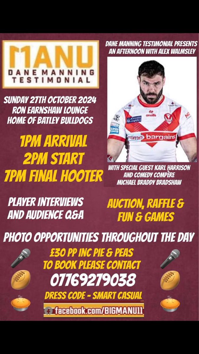 DannyMaun's tweet image. Get your tickets for will be a great event for the legend @BatleyRLFC Dane manning featuring the @Saints1890 and former @CelticRlfc legend @engywalmsley