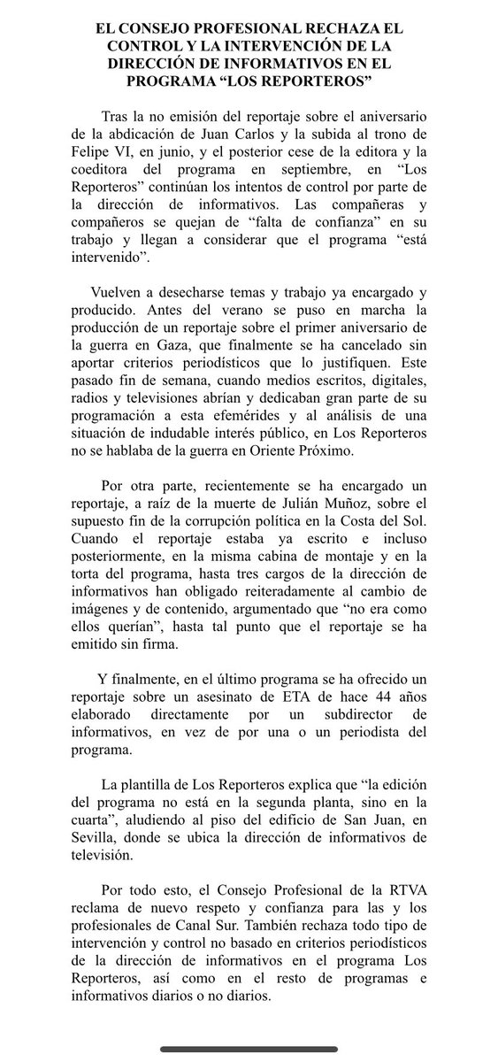 Consejo Profesional RTVA (@consejortva) on Twitter photo Un paso más en la intervención y el control ideológico de <a href="/losreporteroscs/">Los Reporteros</a> en #CanalSur. La Dirección de Informativos veta un reportaje sobre Gaza,de plena actualidad,e impone otro sobre ETA, un crimen de hace 44 años, sin contar con los periodistas del programa #Andalucia Un paso más en la intervención y el control ideológico de <a href="/losreporteroscs/">Los Reporteros</a> en #CanalSur. La Dirección de Informativos veta un reportaje sobre Gaza,de plena actualidad,e impone otro sobre ETA, un crimen de hace 44 años, sin contar con los periodistas del programa #Andalucia